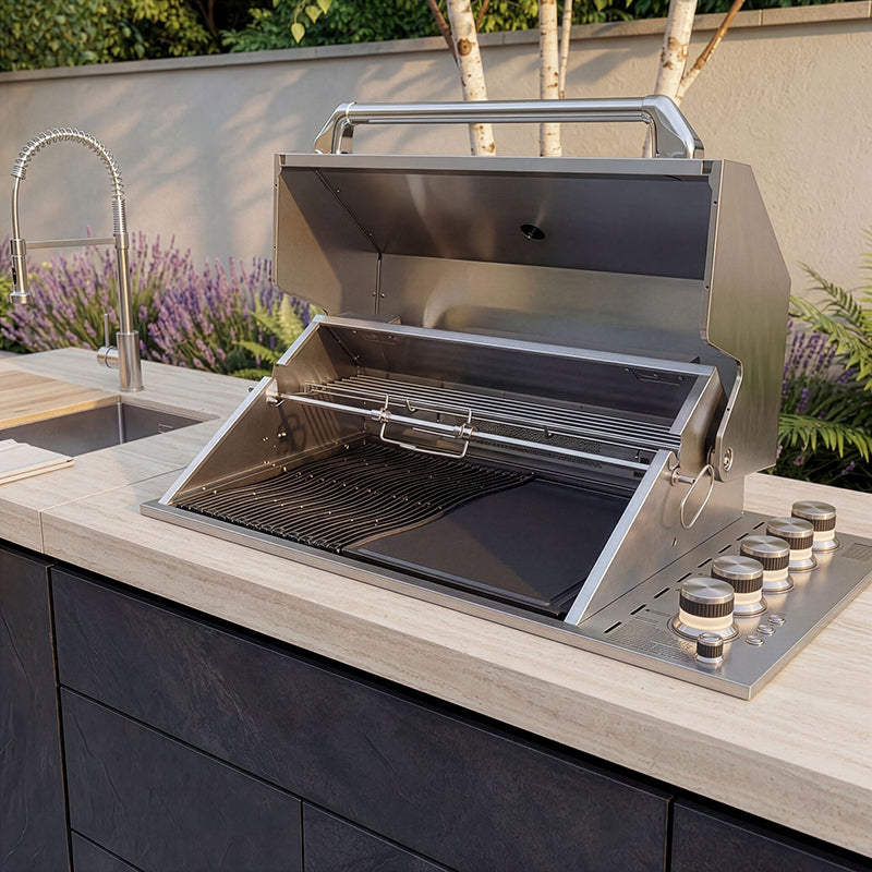 Maze Ember Corner Outdoor Kitchen with 6 Burner Gas Grill, Sink & Single Fridge