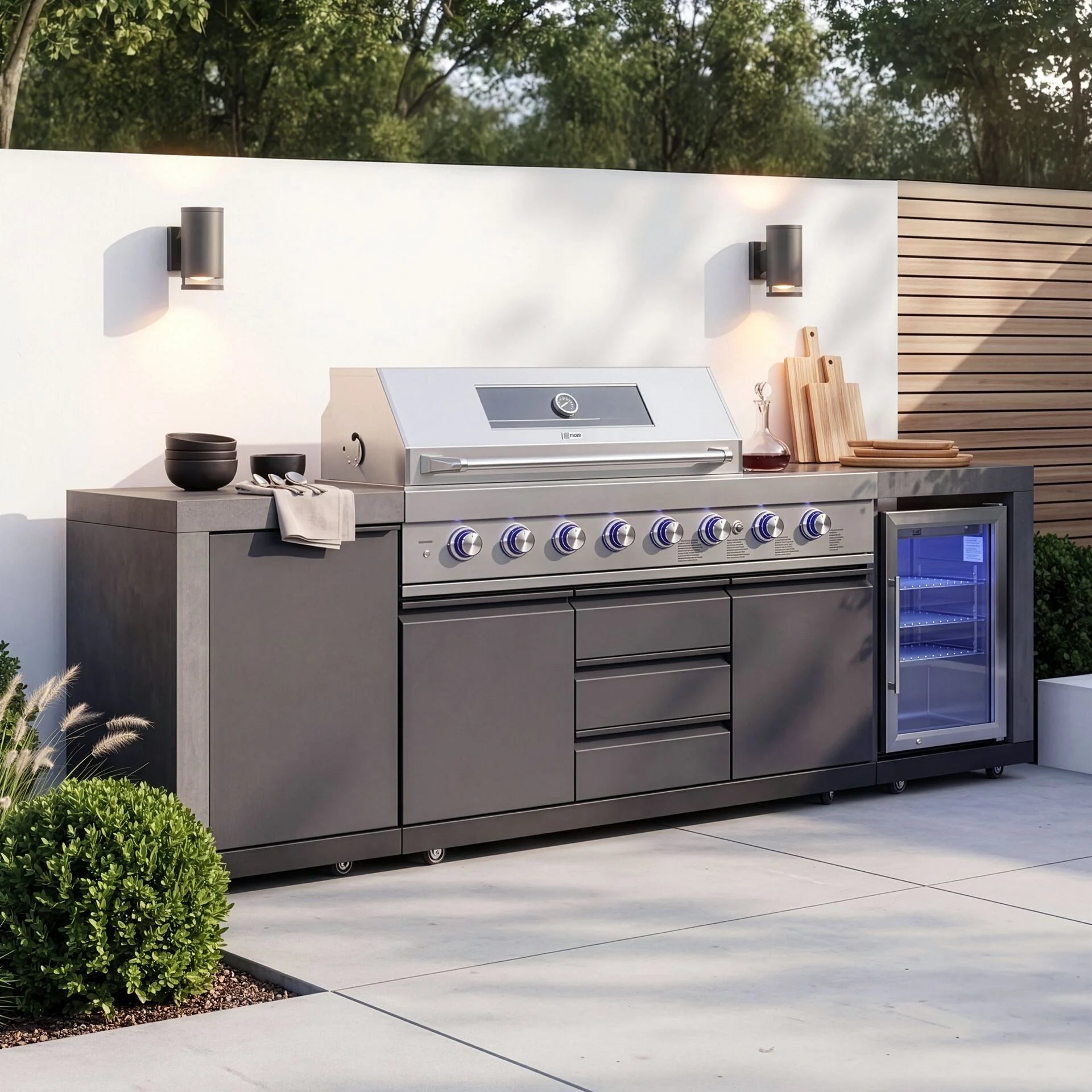 Maze - Ember Linear Outdoor Kitchen with 6 Burner Gas Grill & Single Fridge
