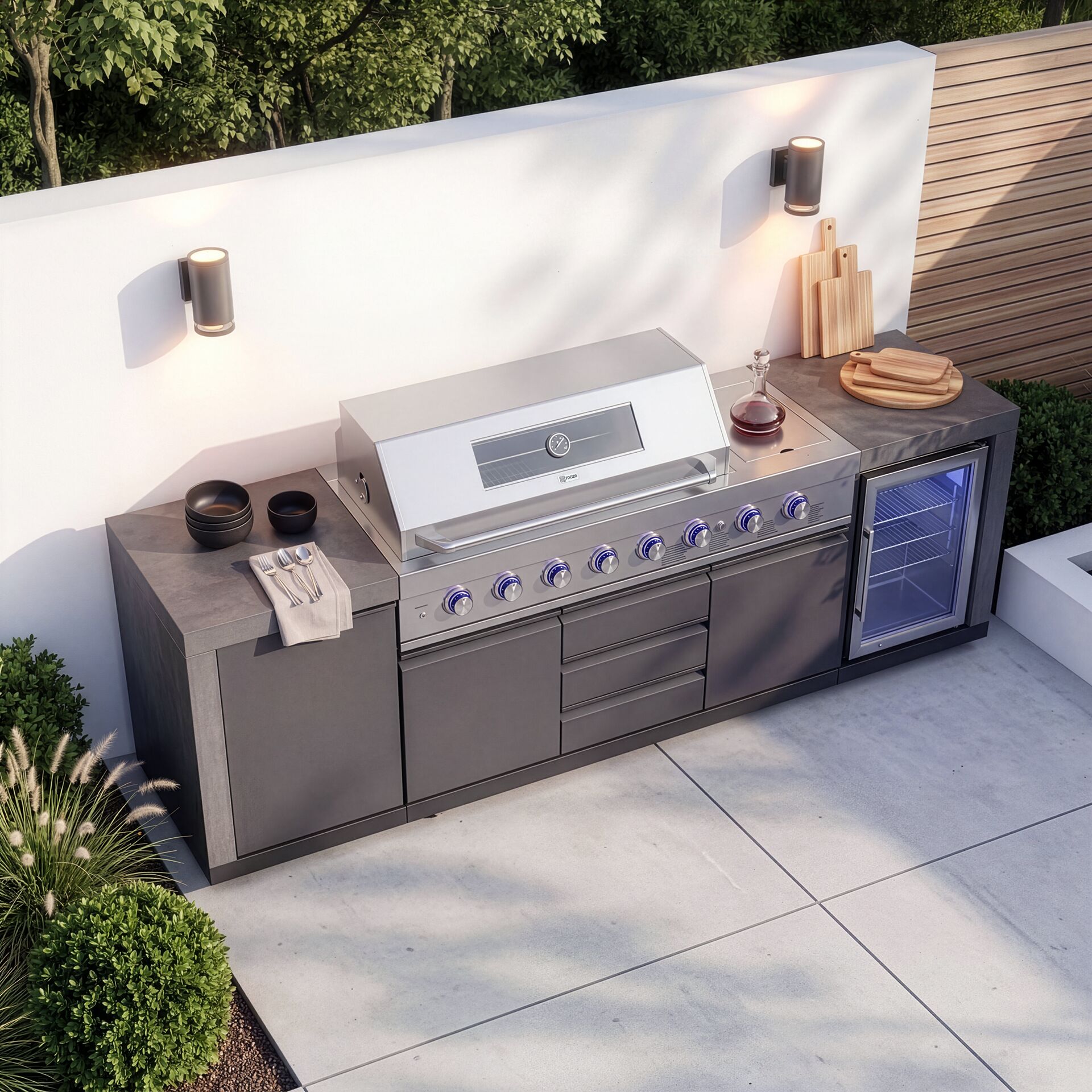 Maze - Ember Linear Outdoor Kitchen with 6 Burner Gas Grill & Single Fridge