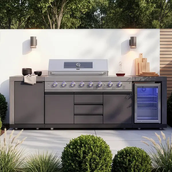 Maze - Ember Linear Outdoor Kitchen with 6 Burner Gas Grill & Single Fridge