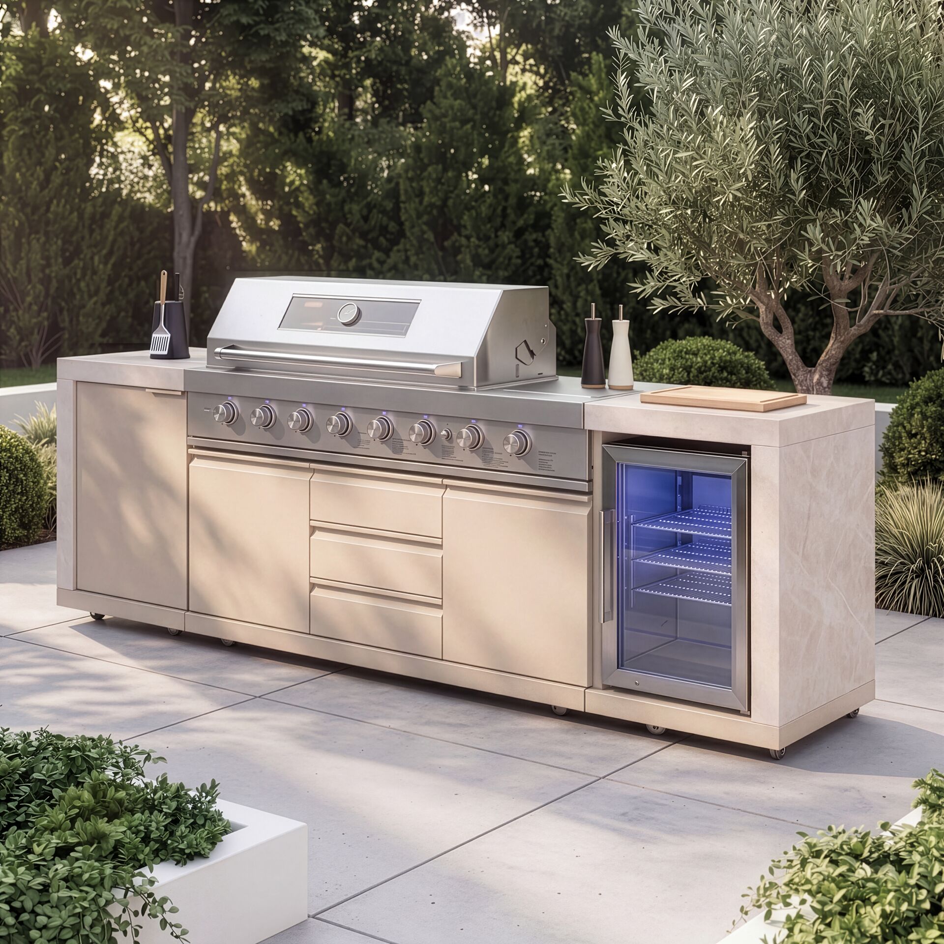 Maze - Ember Linear Outdoor Kitchen with 6 Burner Gas Grill & Single Fridge