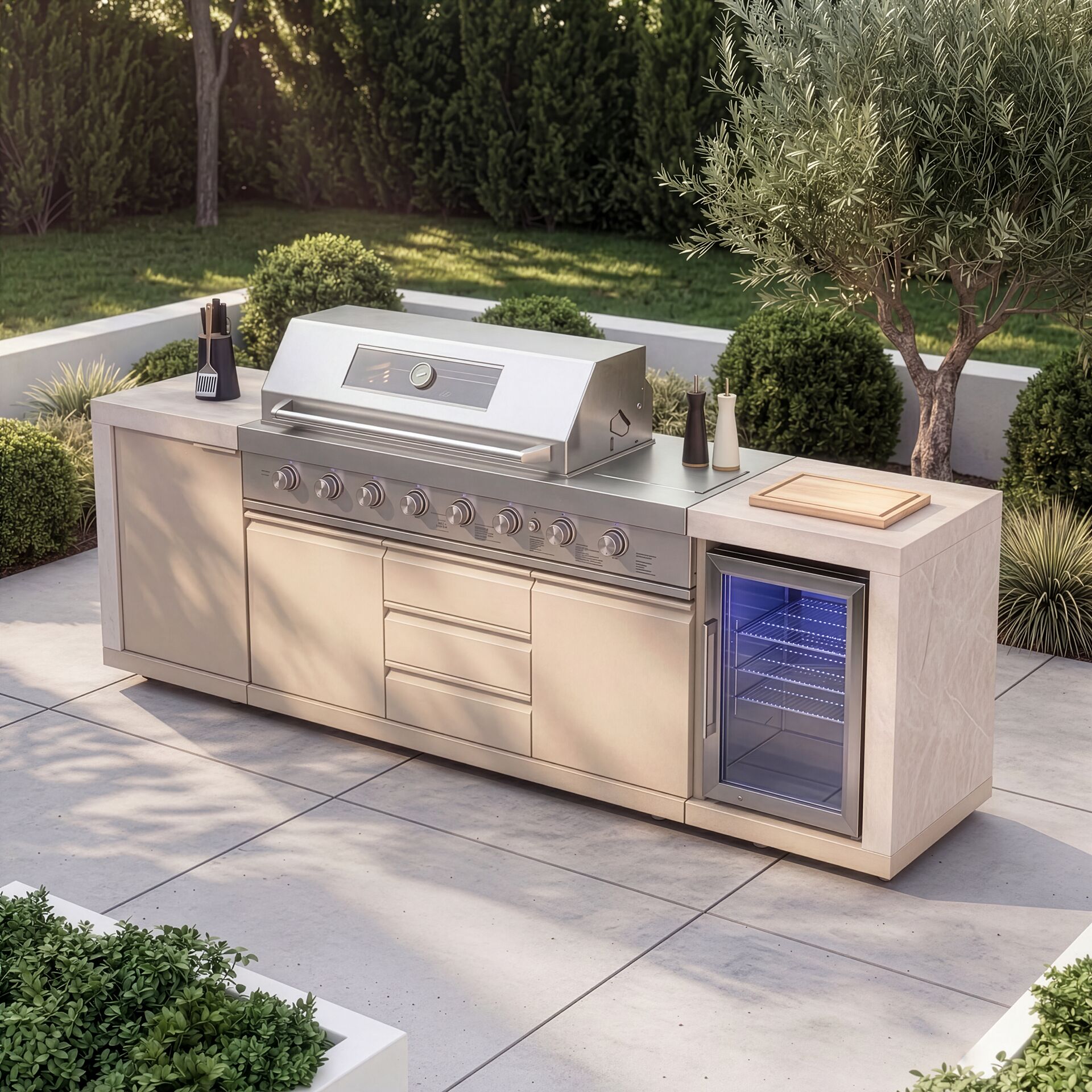 Maze - Ember Linear Outdoor Kitchen with 6 Burner Gas Grill & Single Fridge