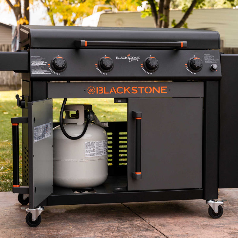 Blackstone 2230 36inch Cabinet with Side Table Gas bottle stored underneath in the grill cupboard