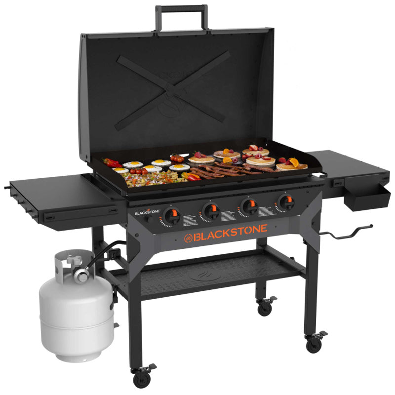 Blackstone 2310 36in Iron Forged Griddle with Hood open cooking breakfast