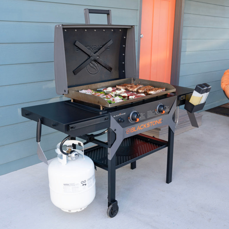 Blackstone 2311 Iron Forged 28in Griddle Hood open Cooking outside