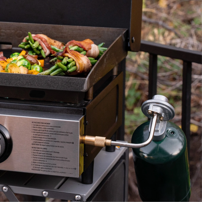 Blackstone 2144EU 22inch Tabletop Griddle with Hood Showing the Gas bottle and fitting