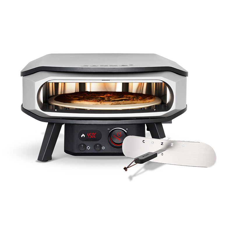 COZZE 17" Premium Rotate Electric Pizza Oven cooking pizza with door beside