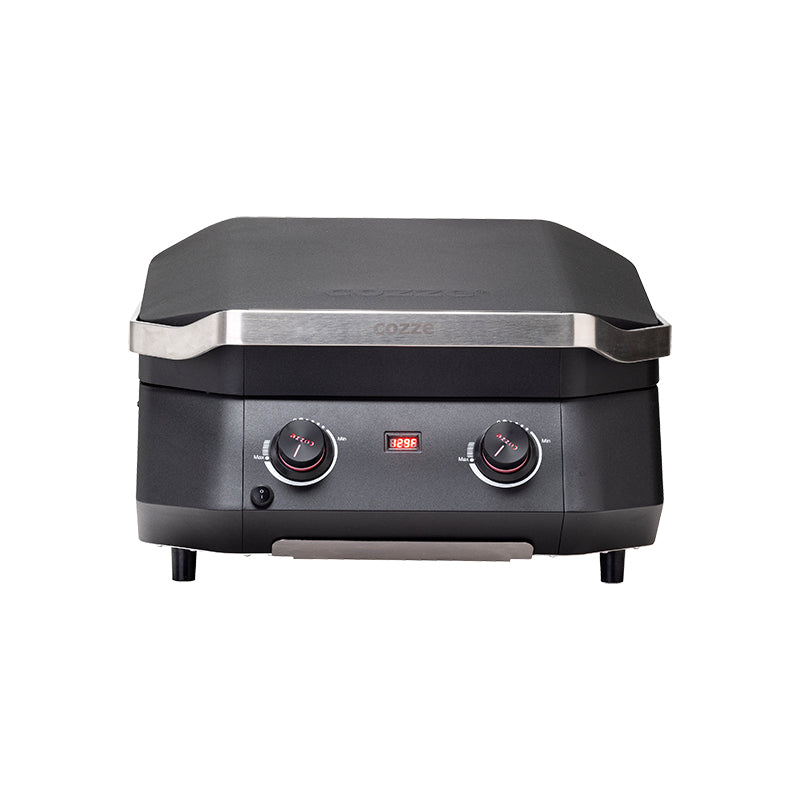 COZZE E500 Electric Grill front view closed lid showing temperature