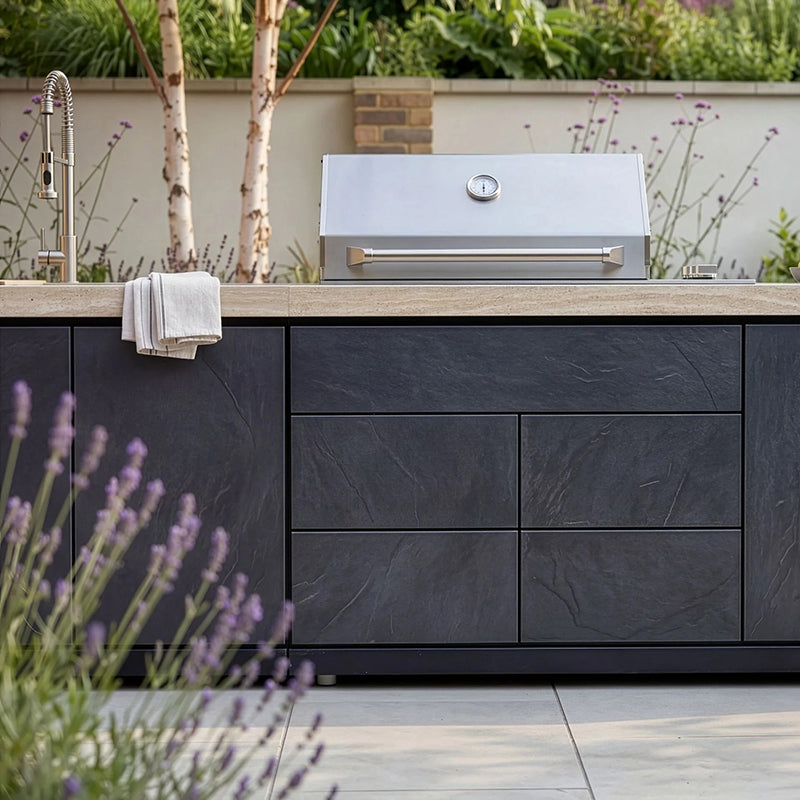 Maze - Monarch Linear Outdoor Kitchen with 4 Burner Gas Grill, Sink and Single Fridge
