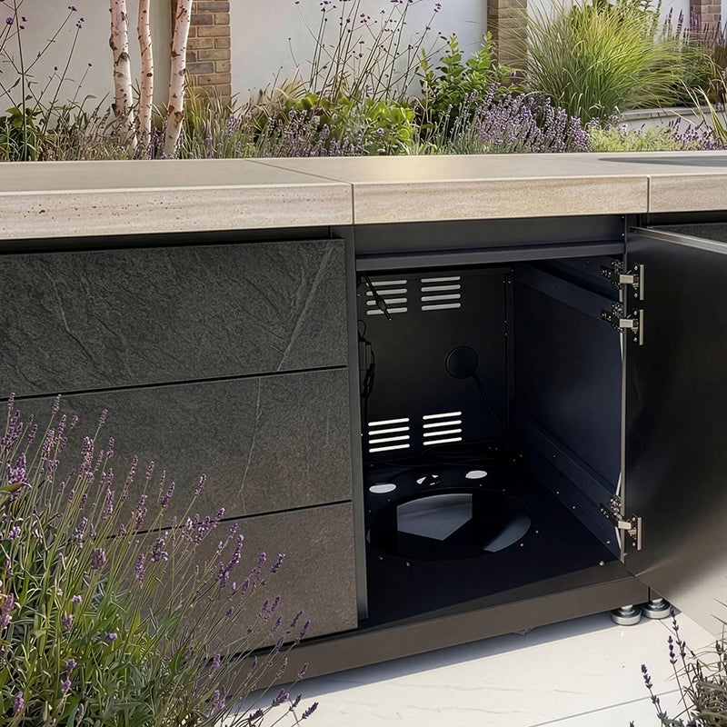 Maze - Monarch Linear Outdoor Kitchen with 4 Burner Gas Grill, Sink and Single Fridge