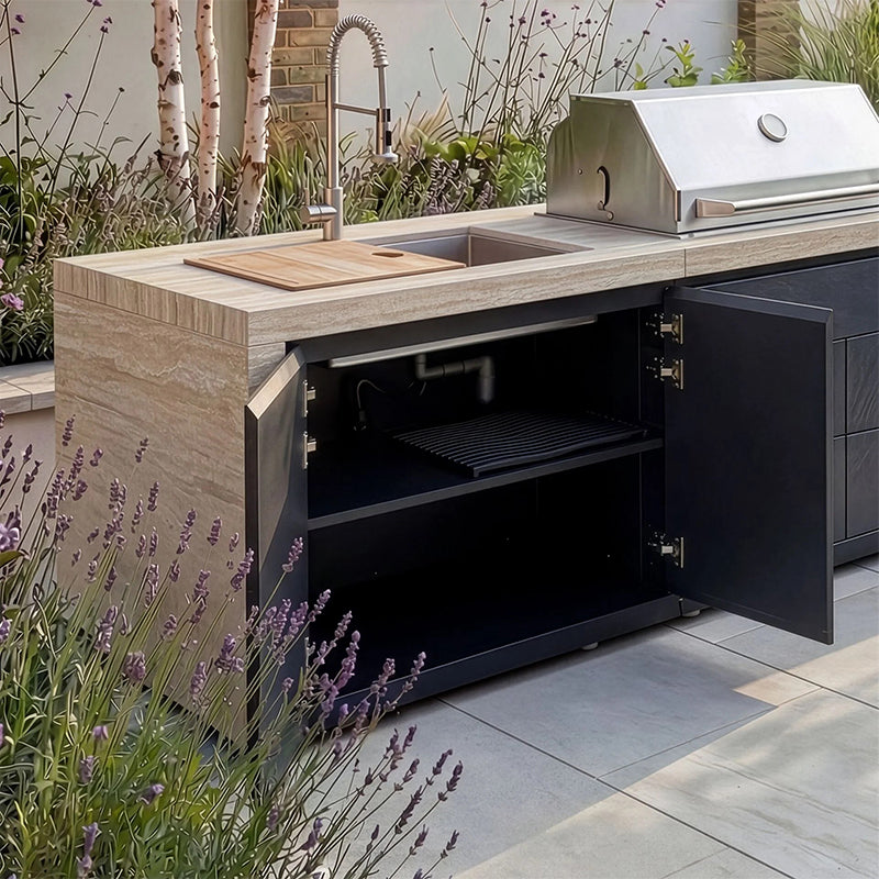 Maze - Monarch Linear Outdoor Kitchen with 4 Burner Gas Grill, Sink and Single Fridge