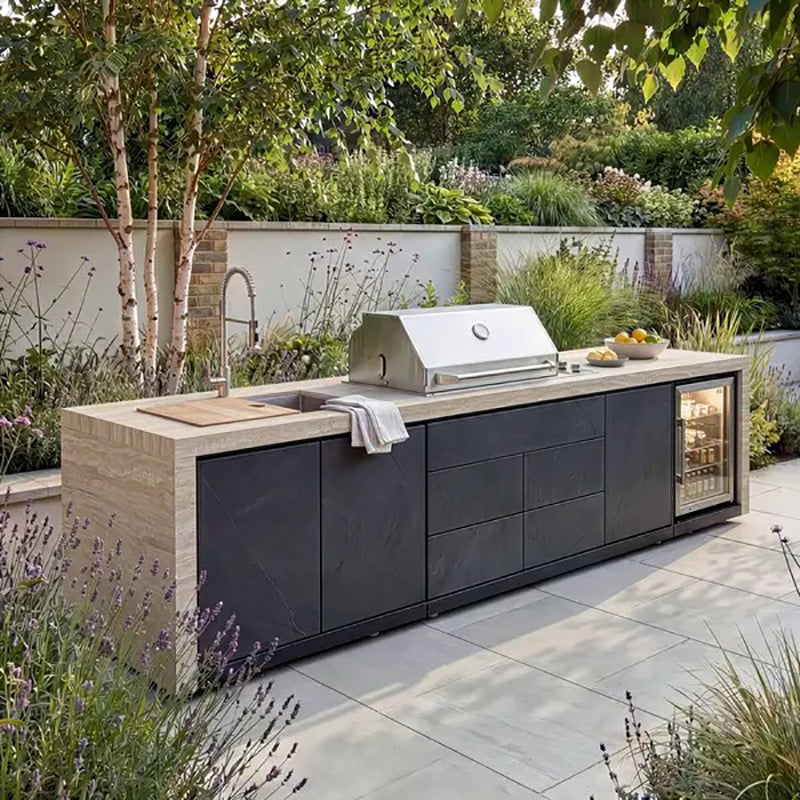 Maze - Monarch Linear Outdoor Kitchen with 4 Burner Gas Grill, Sink and Single Fridge