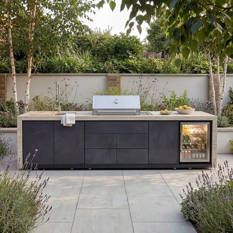 Maze - Monarch Linear Outdoor Kitchen with 4 Burner Gas Grill, Sink and Single Fridge