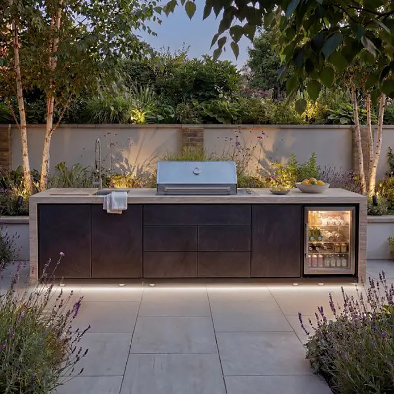 Maze - Monarch Linear Outdoor Kitchen with 4 Burner Gas Grill, Sink and Single Fridge