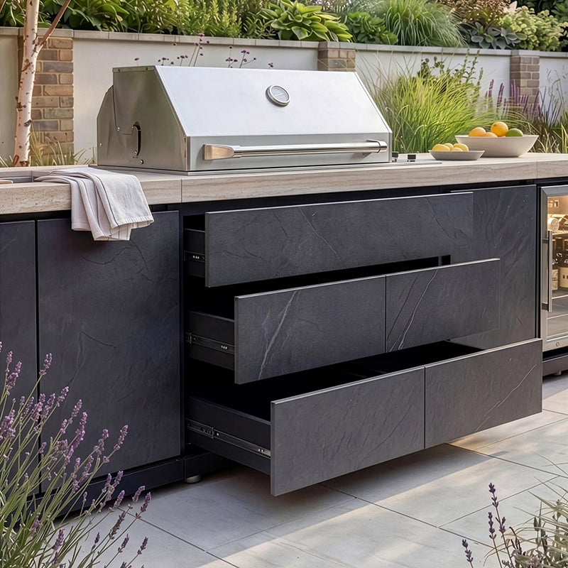 Maze - Monarch Linear Outdoor Kitchen with 4 Burner Gas Grill, Sink and Single Fridge