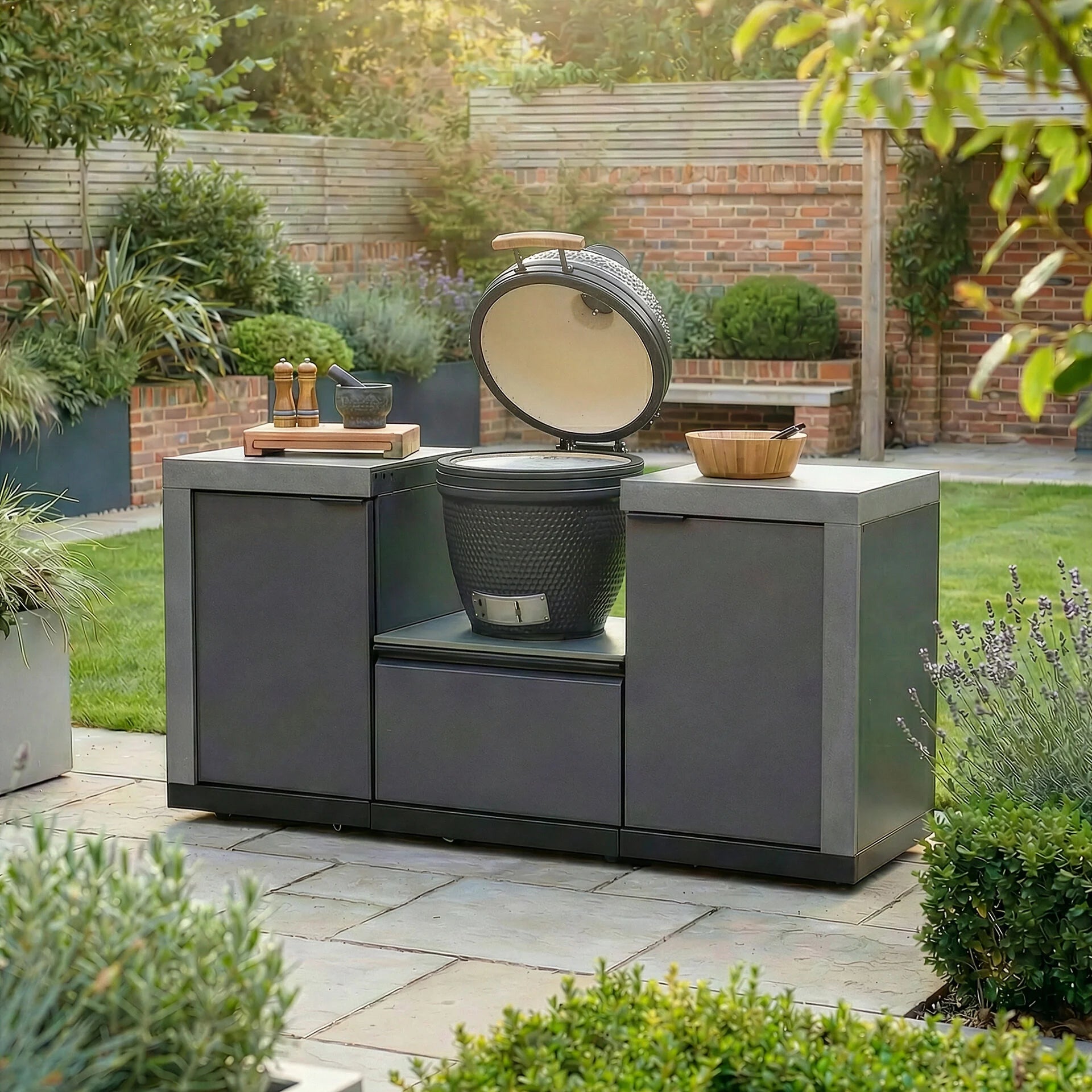 Maze_Ember_Small_Linear_Outdoor_Kitchen_Kamado_Set_outside_with_open_grill 