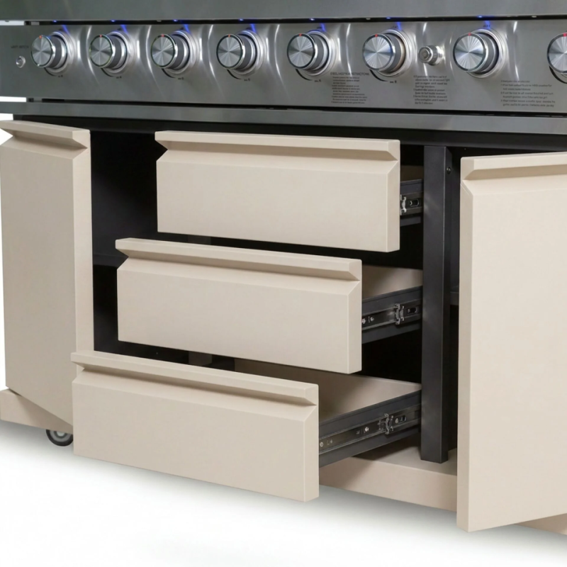 Maze Ember Linear Outdoor Kitchen 6 Burner in Latte drawers open