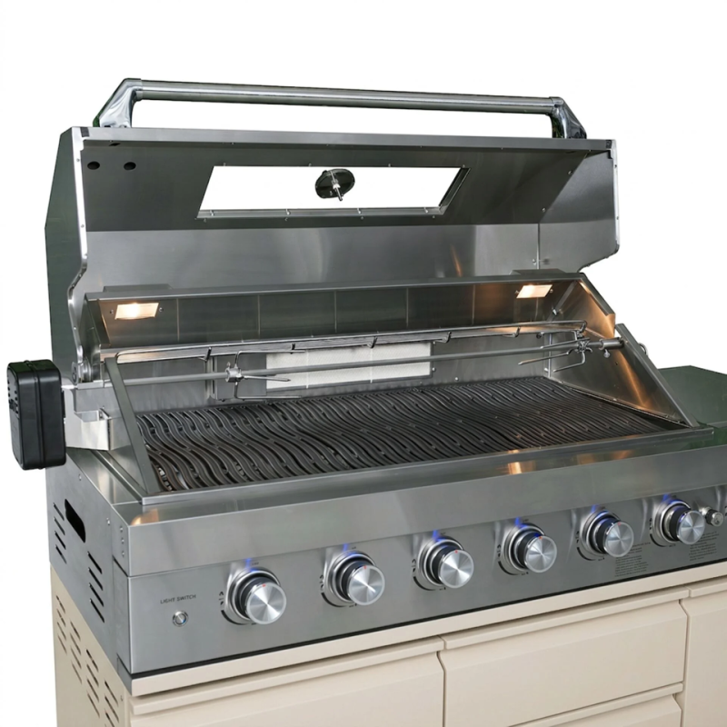 Maze Ember Linear Outdoor Kitchen Latte with 6 Burner Gas Grill open