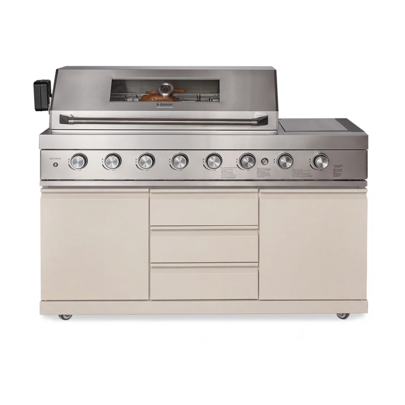 Maze Ember Linear Outdoor Kitchen in Latte with 6 Burner Gas Grill & Storage