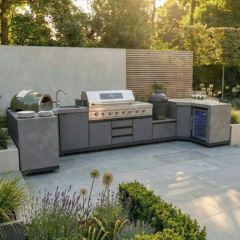 Maze - Ember Small U Shape Outdoor Kitchen Complete Set Including Gas BBQ, Sink, Kamado and Fridge