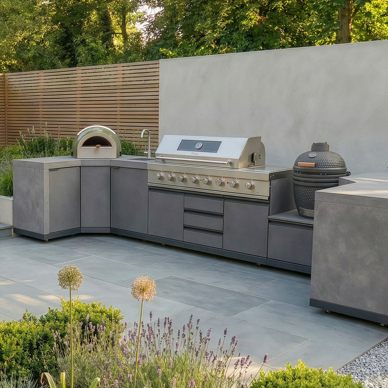 Maze - Ember Small U Shape Outdoor Kitchen Complete Set Including Gas BBQ, Sink, Kamado and Fridge