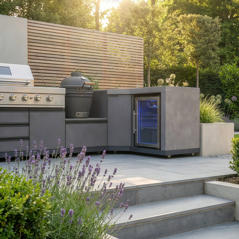 Maze - Ember Small U Shape Outdoor Kitchen Complete Set Including Gas BBQ, Sink, Kamado and Fridge