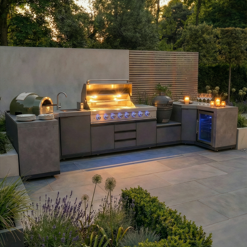 Maze - Ember Small U Shape Outdoor Kitchen Complete Set Including Gas BBQ, Sink, Kamado and Fridge