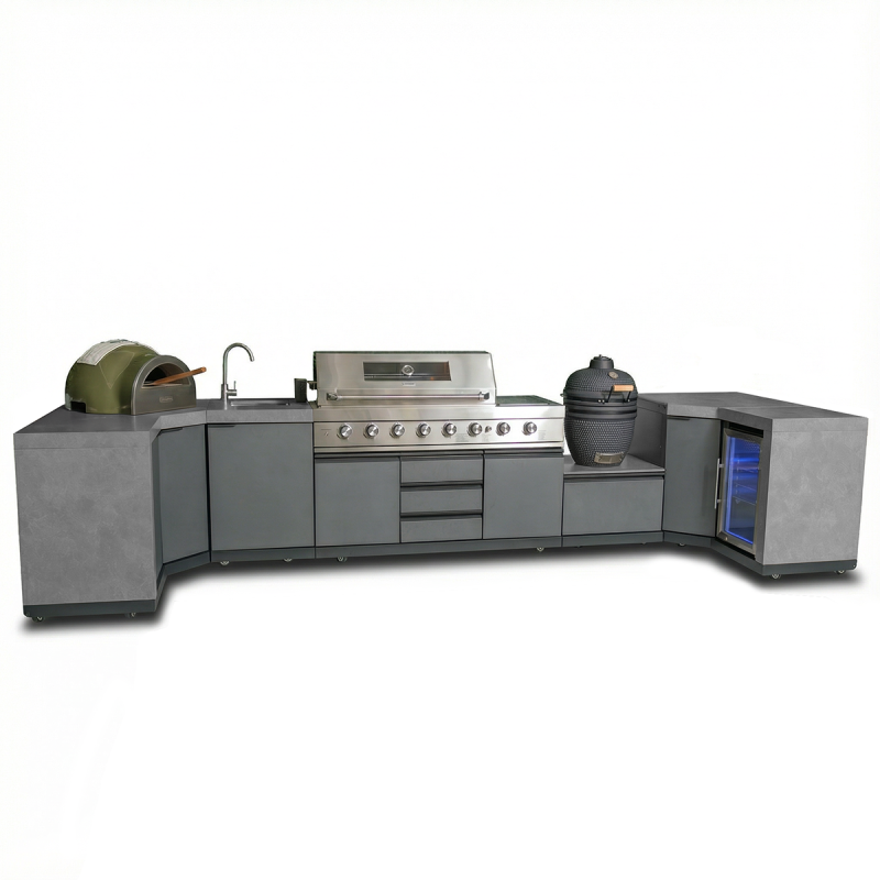 Maze - Ember Small U Shape Outdoor Kitchen Complete Set Including Gas BBQ, Sink, Kamado and Fridge