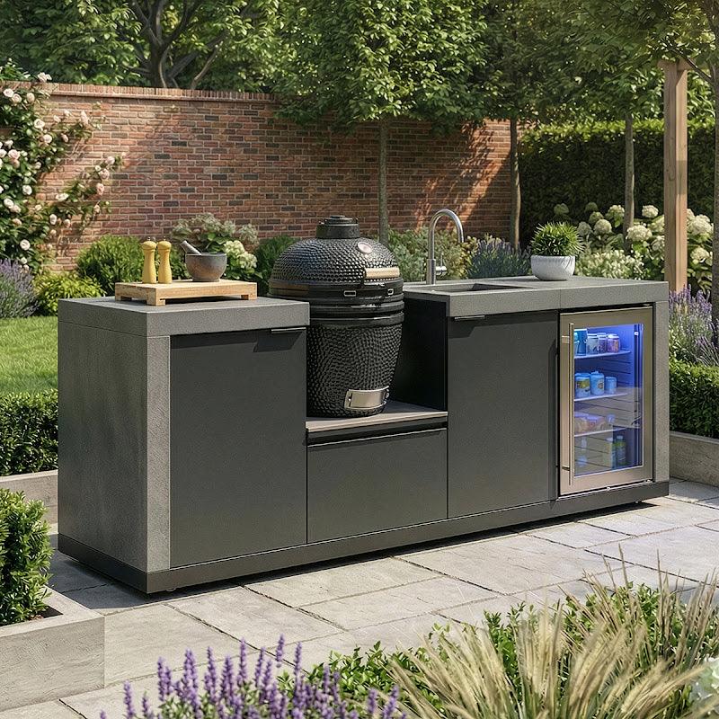 Maze Ember Linear kitchen with Kamado Grill Storage Sink and Fridge outside
