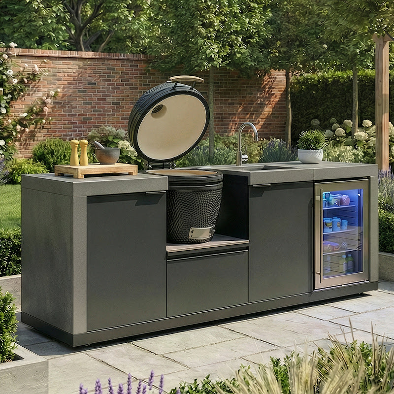 Maze Ember Linear kitchen with Kamado Grill Lid open, Storage Sink and Fridge