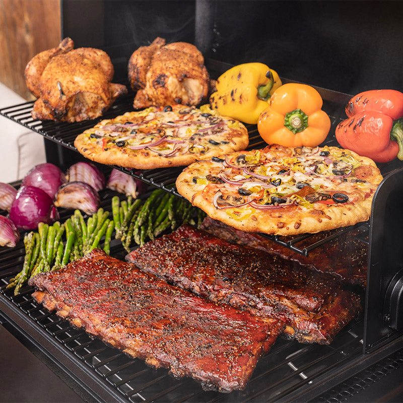 Traeger Woodridge close up of food grilling right angle