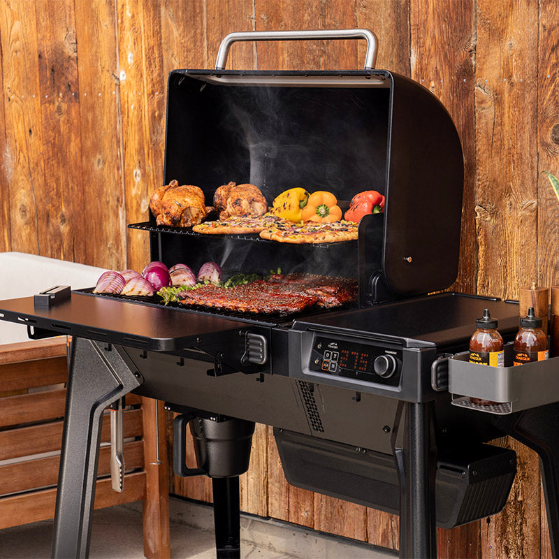 Traeger Woodridge hood open grilling right angle with prep area