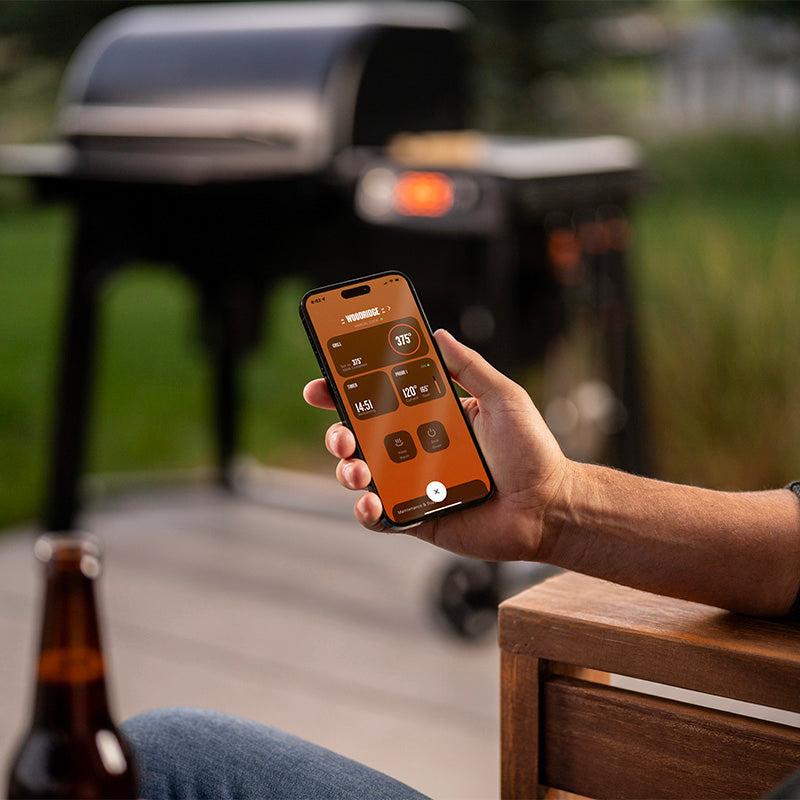 Traeger Woodridge showing WiFire app on phone